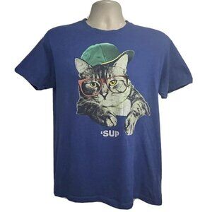 Mens Blue Graphic T-Shirt Small/Medium Cat Wsup Stretch Animal Print Novelty